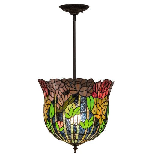 Meyda Lighting Tiffany Honey Locust 14" Mahogany Bronze Inverted Pendant Light With Multi-Colored Stained Shade Glass