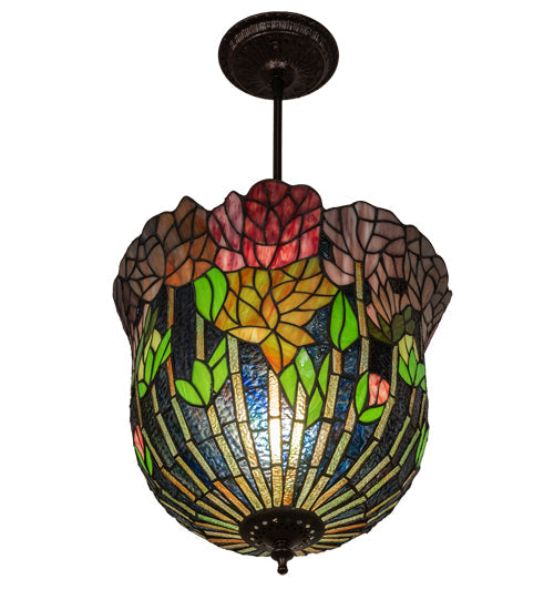 Meyda Lighting Tiffany Honey Locust 14" Mahogany Bronze Inverted Pendant Light With Multi-Colored Stained Shade Glass
