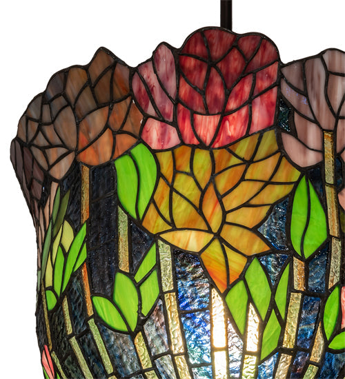 Meyda Lighting Tiffany Honey Locust 14" Mahogany Bronze Inverted Pendant Light With Multi-Colored Stained Shade Glass