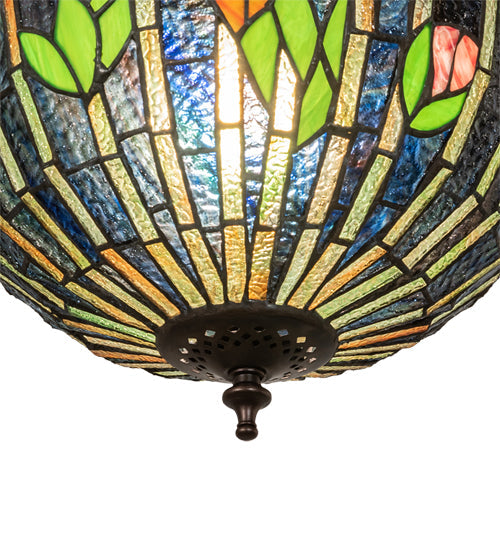 Meyda Lighting Tiffany Honey Locust 14" Mahogany Bronze Inverted Pendant Light With Multi-Colored Stained Shade Glass