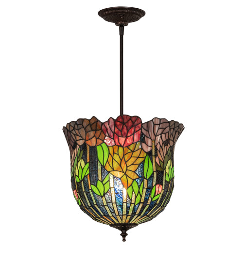 Meyda Lighting Tiffany Honey Locust 14" Mahogany Bronze Inverted Pendant Light With Multi-Colored Stained Shade Glass