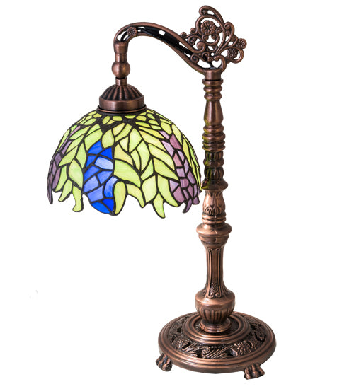 Meyda Lighting Tiffany Honey Locust 19" Mahogany Bronze Bridge Arm Desk Table Lamp With Multi-Colored Stained Shade Glass