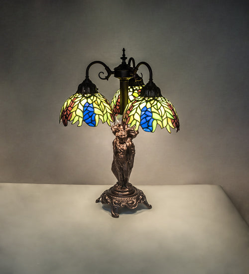 Meyda Lighting Tiffany Honey Locust 23" 3-Light Mahogany Bronze Table Lamp With Multi-Colored Shade Glass
