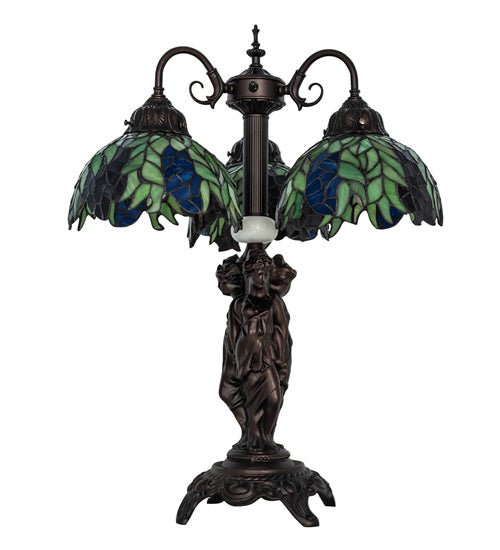 Meyda Lighting Tiffany Honey Locust 23" 3-Light Mahogany Bronze Table Lamp With Multi-Colored Shade Glass