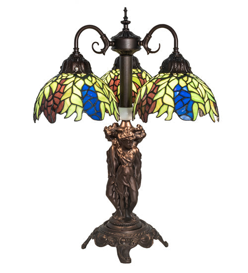Meyda Lighting Tiffany Honey Locust 23" 3-Light Mahogany Bronze Table Lamp With Multi-Colored Shade Glass