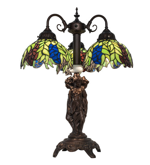 Meyda Lighting Tiffany Honey Locust 23" 3-Light Mahogany Bronze Table Lamp With Multi-Colored Shade Glass