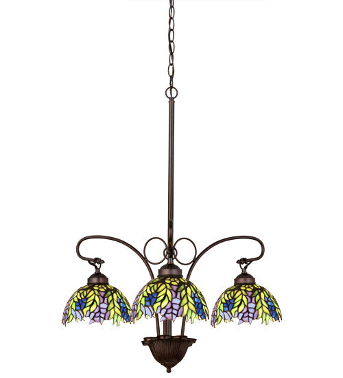 Meyda Lighting Tiffany Honey Locust 30" 3-Light Mahogany Bronze Chandelier With Multi-Colored Shade Glass
