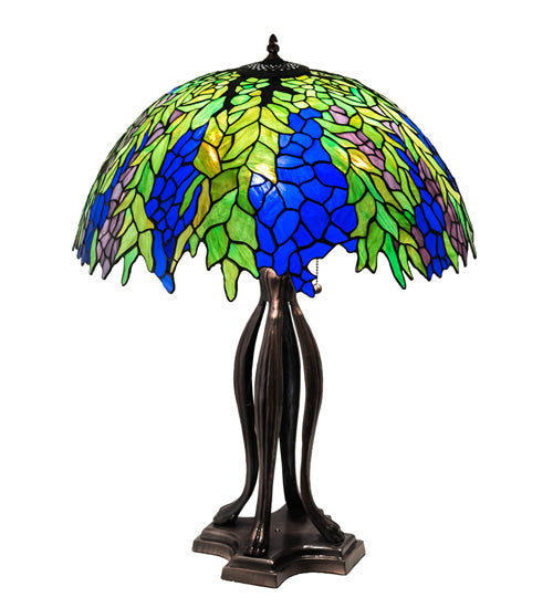 Meyda Lighting Tiffany Honey Locust 30" 3-Light Mahogany Bronze Table Lamp With Multi-Colored Shade Glass
