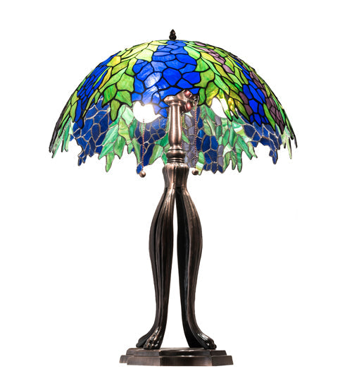 Meyda Lighting Tiffany Honey Locust 30" 3-Light Mahogany Bronze Table Lamp With Multi-Colored Shade Glass
