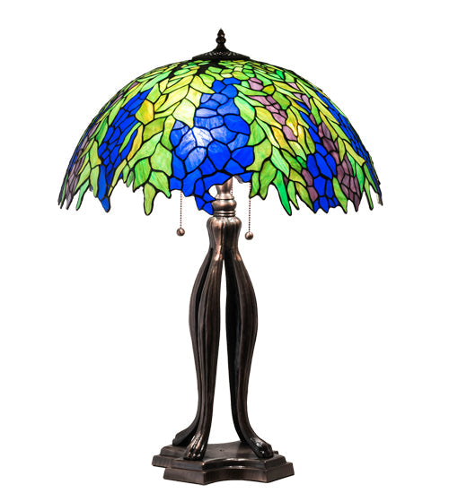 Meyda Lighting Tiffany Honey Locust 30" 3-Light Mahogany Bronze Table Lamp With Multi-Colored Shade Glass