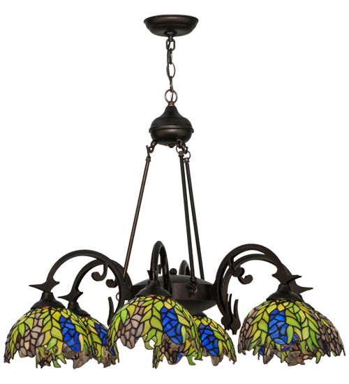 Meyda Lighting Tiffany Honey Locust 32" 6-Light Mahogany Bronze Chandelier With Multi-Colored Shade Glass