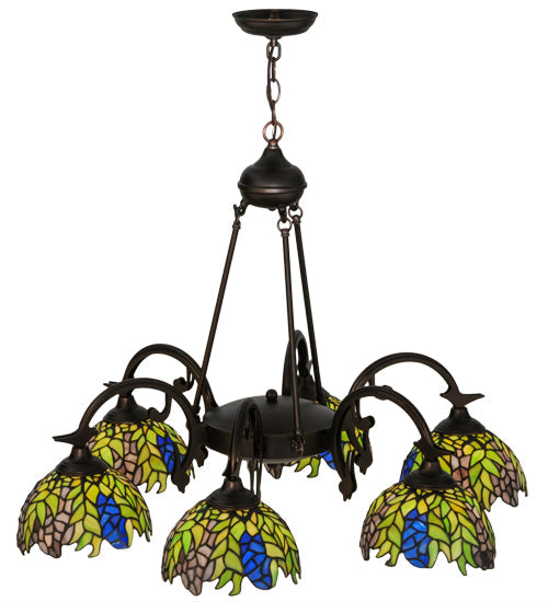 Meyda Lighting Tiffany Honey Locust 32" 6-Light Mahogany Bronze Chandelier With Multi-Colored Shade Glass