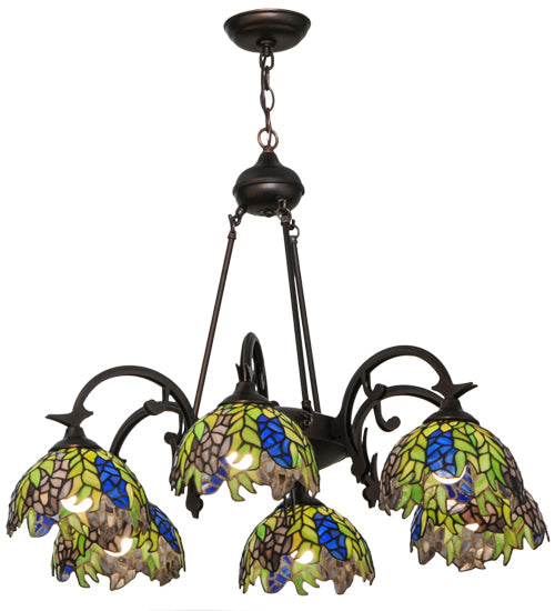 Meyda Lighting Tiffany Honey Locust 32" 6-Light Mahogany Bronze Chandelier With Multi-Colored Shade Glass