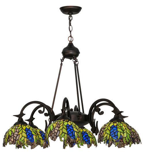 Meyda Lighting Tiffany Honey Locust 32" 6-Light Mahogany Bronze Chandelier With Multi-Colored Shade Glass