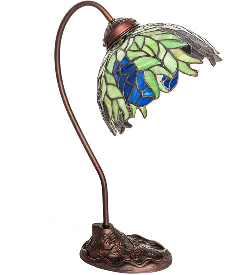 Meyda Lighting Tiffany Honey Locust 8" Mahogany Bronze Desk Table Lamp With Multi-Colored Stained Shade Glass