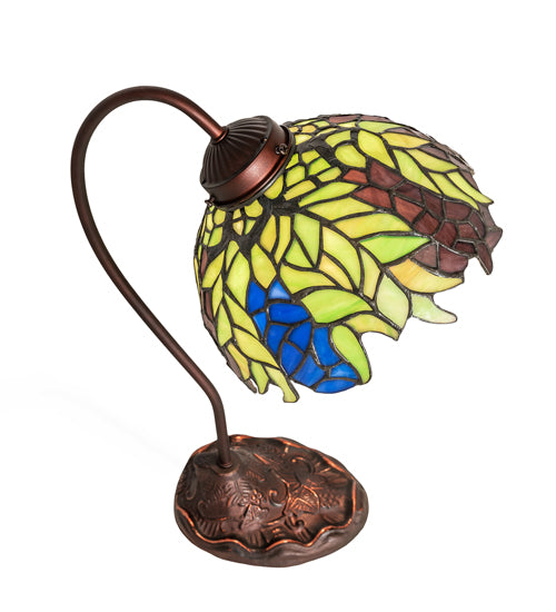 Meyda Lighting Tiffany Honey Locust 8" Mahogany Bronze Desk Table Lamp With Multi-Colored Stained Shade Glass