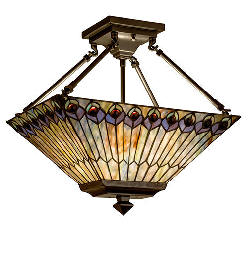 Meyda Lighting Tiffany Jeweled Peacock 10" 2-Light Oil Rubbed Bronze Semi-flush Mount Light With Multi-Colored Shade Glass