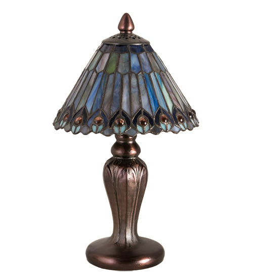 Meyda Lighting Tiffany Jeweled Peacock 12" Mahogany Bronze Mini Table Lamp With Multi-Colored Shade Glass