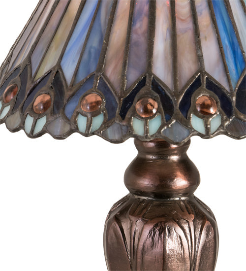Meyda Lighting Tiffany Jeweled Peacock 12" Mahogany Bronze Mini Table Lamp With Multi-Colored Shade Glass