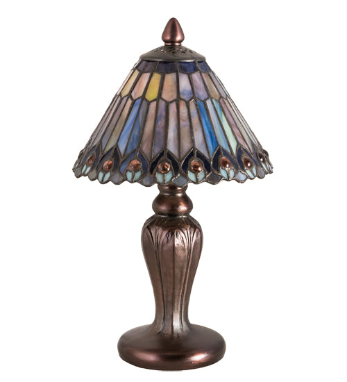 Meyda Lighting Tiffany Jeweled Peacock 12" Mahogany Bronze Mini Table Lamp With Multi-Colored Shade Glass
