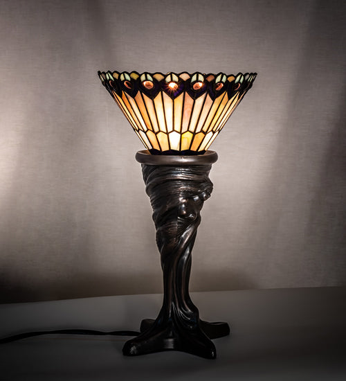 Meyda Lighting Tiffany Jeweled Peacock 15" Mahogany Bronze Mini Table Lamp With Multi-Colored Stained Shade Glass