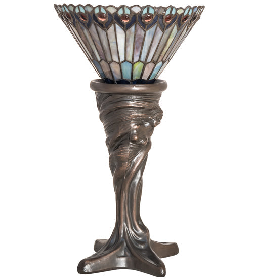 Meyda Lighting Tiffany Jeweled Peacock 15" Mahogany Bronze Mini Table Lamp With Multi-Colored Stained Shade Glass