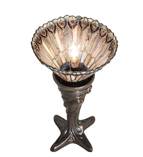Meyda Lighting Tiffany Jeweled Peacock 15" Mahogany Bronze Mini Table Lamp With Multi-Colored Stained Shade Glass