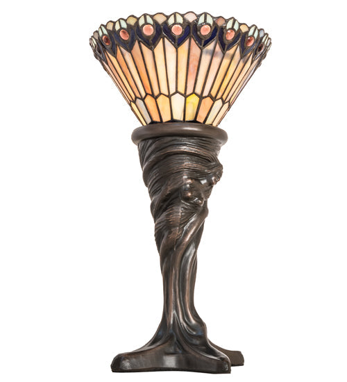 Meyda Lighting Tiffany Jeweled Peacock 15" Mahogany Bronze Mini Table Lamp With Multi-Colored Stained Shade Glass