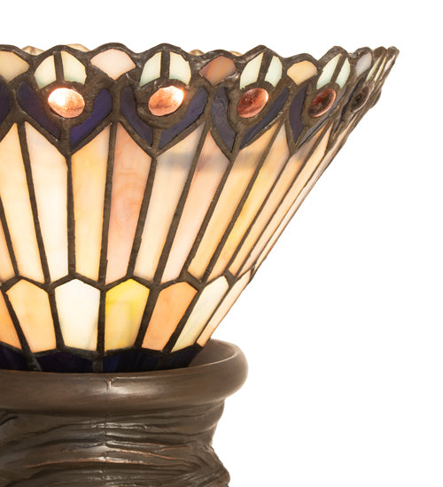 Meyda Lighting Tiffany Jeweled Peacock 15" Mahogany Bronze Mini Table Lamp With Multi-Colored Stained Shade Glass