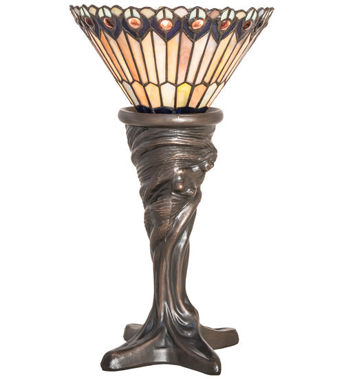 Meyda Lighting Tiffany Jeweled Peacock 15" Mahogany Bronze Mini Table Lamp With Multi-Colored Stained Shade Glass