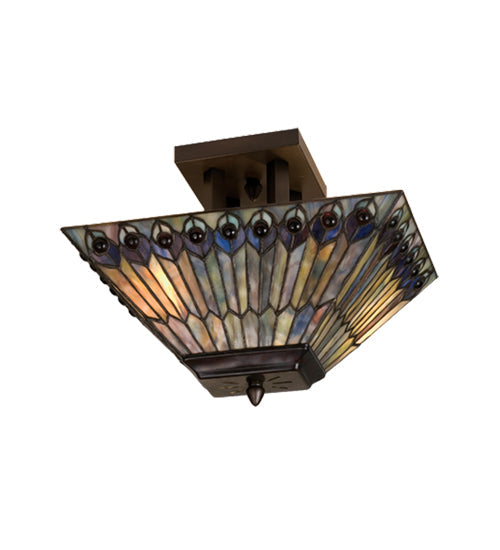 Meyda Lighting Tiffany Jeweled Peacock 16" 2-Light Mahogany Bronze Flush Mount Light With Multi-Colored Shade Glass
