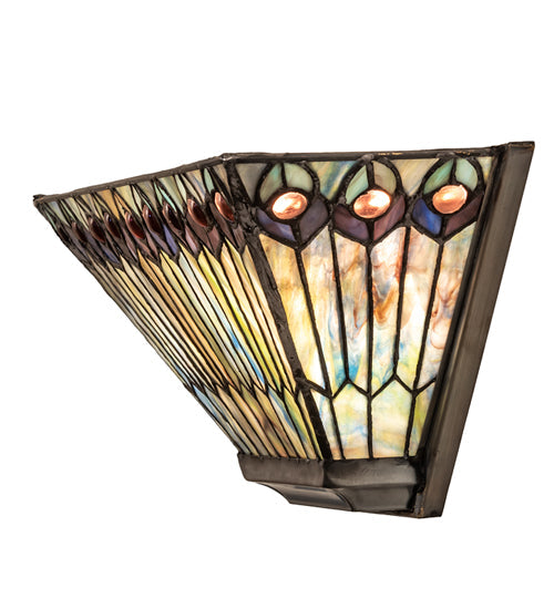Meyda Lighting Tiffany Jeweled Peacock 16" 2-Light Mahogany Bronze Wall Sconce With Multi-Colored Shade Glass