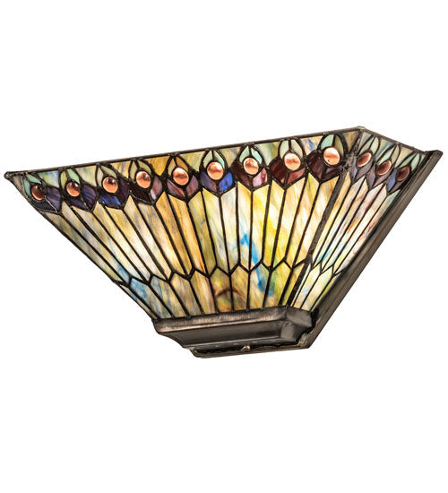 Meyda Lighting Tiffany Jeweled Peacock 16" 2-Light Mahogany Bronze Wall Sconce With Multi-Colored Shade Glass