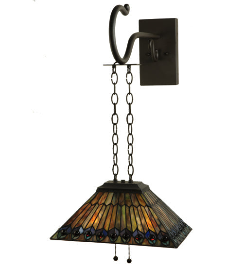 Meyda Lighting Tiffany Jeweled Peacock 16" 2-Light Oil Rubbed Bronze Shepherd's Hook Wall Sconce With Multi-Colored Shade Glass