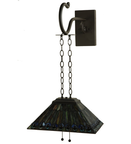 Meyda Lighting Tiffany Jeweled Peacock 16" 2-Light Oil Rubbed Bronze Shepherd's Hook Wall Sconce With Multi-Colored Shade Glass