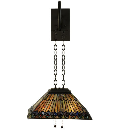 Meyda Lighting Tiffany Jeweled Peacock 16" 2-Light Oil Rubbed Bronze Shepherd's Hook Wall Sconce With Multi-Colored Shade Glass
