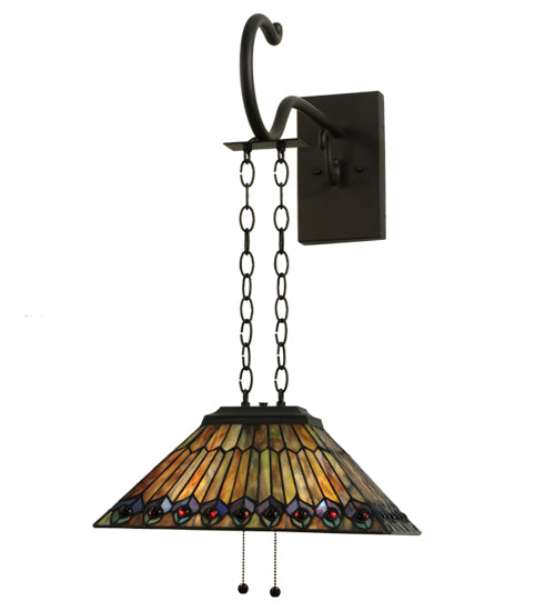 Meyda Lighting Tiffany Jeweled Peacock 16" 2-Light Oil Rubbed Bronze Shepherd's Hook Wall Sconce With Multi-Colored Shade Glass