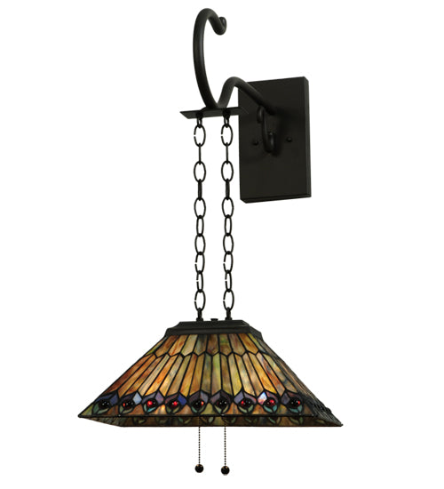 Meyda Lighting Tiffany Jeweled Peacock 16" 2-Light Oil Rubbed Bronze Shepherd's Hook Wall Sconce With Multi-Colored Shade Glass