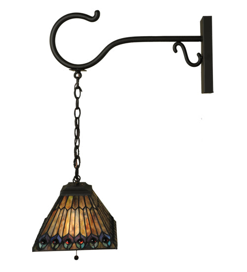 Meyda Lighting Tiffany Jeweled Peacock 16" 2-Light Oil Rubbed Bronze Shepherd's Hook Wall Sconce With Multi-Colored Shade Glass