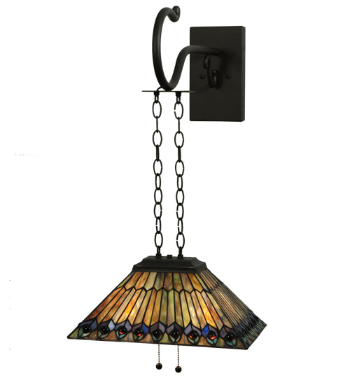 Meyda Lighting Tiffany Jeweled Peacock 16" 2-Light Oil Rubbed Bronze Shepherd's Hook Wall Sconce With Multi-Colored Shade Glass