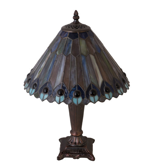 Meyda Lighting Tiffany Jeweled Peacock 17" Mahogany Bronze Accent Table Lamp With Multi-Colored Shade Glass