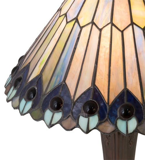 Meyda Lighting Tiffany Jeweled Peacock 17" Mahogany Bronze Accent Table Lamp With Multi-Colored Shade Glass