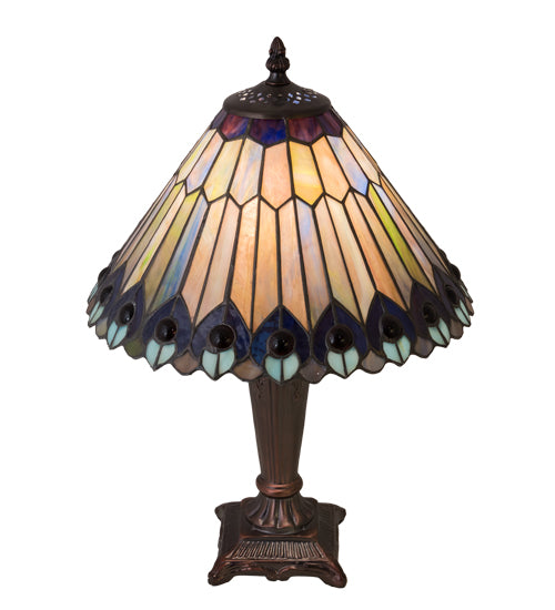 Meyda Lighting Tiffany Jeweled Peacock 17" Mahogany Bronze Accent Table Lamp With Multi-Colored Shade Glass