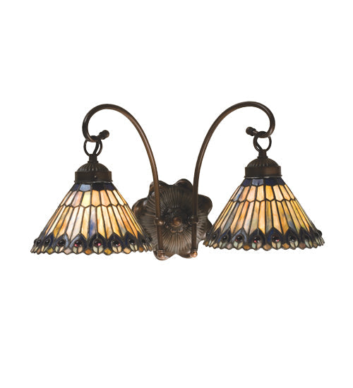 Meyda Lighting Tiffany Jeweled Peacock 18" 2-Light Mahogany Bronze Wall Sconce With Multi-Colored Shade Glass