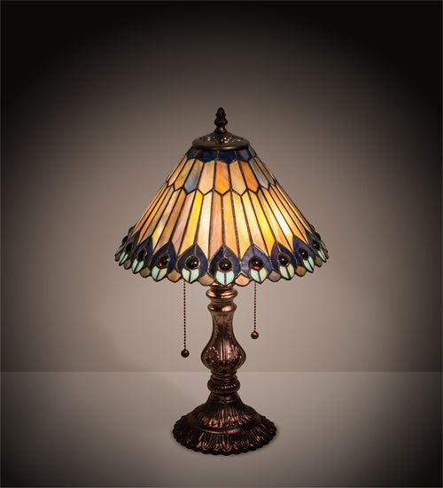 Meyda Lighting Tiffany Jeweled Peacock 19" 2-Light Mahogany Bronze Accent Table Lamp With Multi-Colored Shade Glass