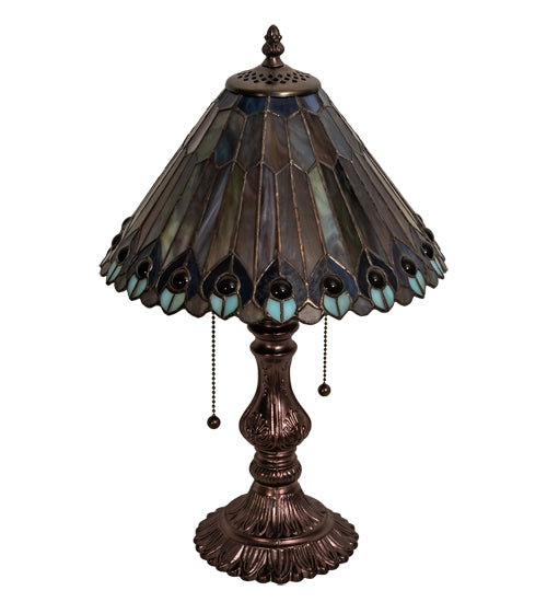 Meyda Lighting Tiffany Jeweled Peacock 19" 2-Light Mahogany Bronze Accent Table Lamp With Multi-Colored Shade Glass