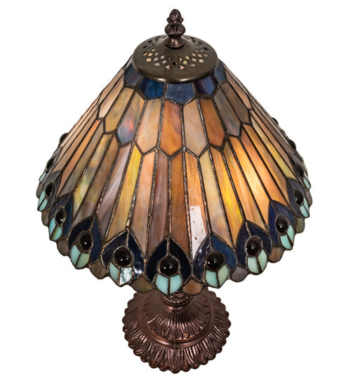 Meyda Lighting Tiffany Jeweled Peacock 19" 2-Light Mahogany Bronze Accent Table Lamp With Multi-Colored Shade Glass