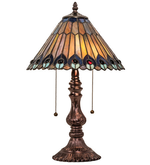 Meyda Lighting Tiffany Jeweled Peacock 19" 2-Light Mahogany Bronze Accent Table Lamp With Multi-Colored Shade Glass
