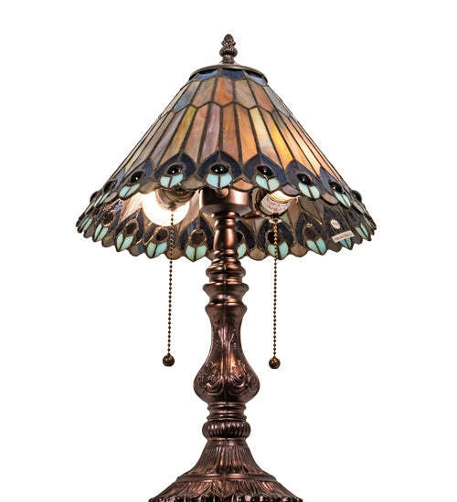 Meyda Lighting Tiffany Jeweled Peacock 19" 2-Light Mahogany Bronze Accent Table Lamp With Multi-Colored Shade Glass