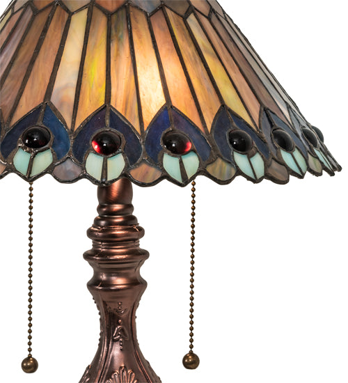 Meyda Lighting Tiffany Jeweled Peacock 19" 2-Light Mahogany Bronze Accent Table Lamp With Multi-Colored Shade Glass